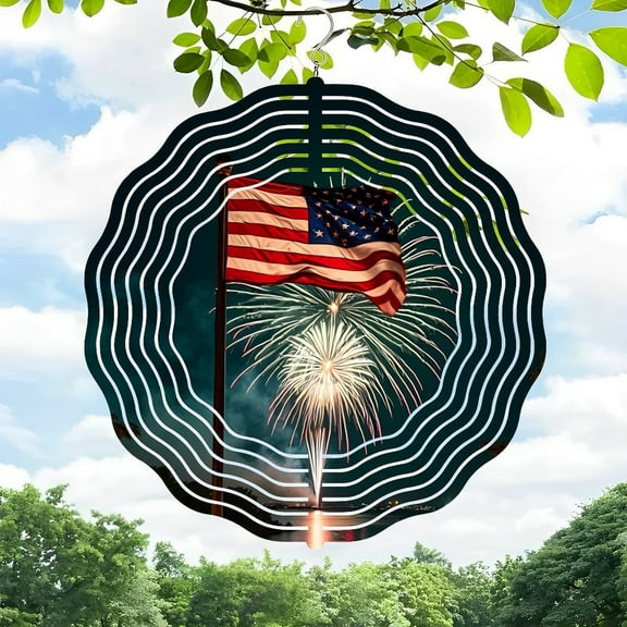 3D Metal Hanging Wind Spinner - Concentric Wave Pattern with American Flag & Fireworks Design for Yard & Garden Decor - Perfect for Outdoor Spaces