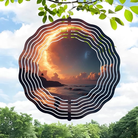 3D Metal Hanging Wind Spinner - Decorative Circular Design with Concentric Rings & Sunset Beach Scene - Perfect for Yard & Garden Decor