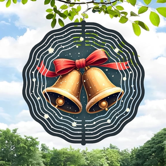 3D Metal Hanging Wind Spinner - Decorative Circular Design with Concentric Sound Wave Pattern Golden Bells & Red Ribbon for Yard & Garden