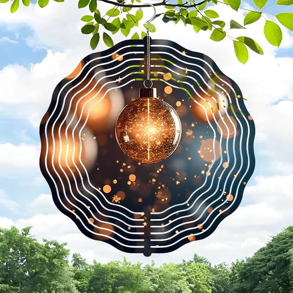 3D Metal Hanging Wind Spinner - Decorative Garden Ornament with Spherical Glowing Light & Ripple Pattern Design for Yard Decor