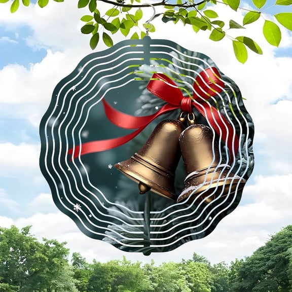 3D Metal Hanging Wind Spinner - Decorative Golden Bells with Red Ribbon & Concentric Wave Pattern for Yard & Garden - Festive Snowflake Accents