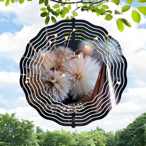 3D Metal Hanging Wind Spinner - Decorative Plate Design with Concentric Wavy Lines & Floral Accents for Yard & Garden