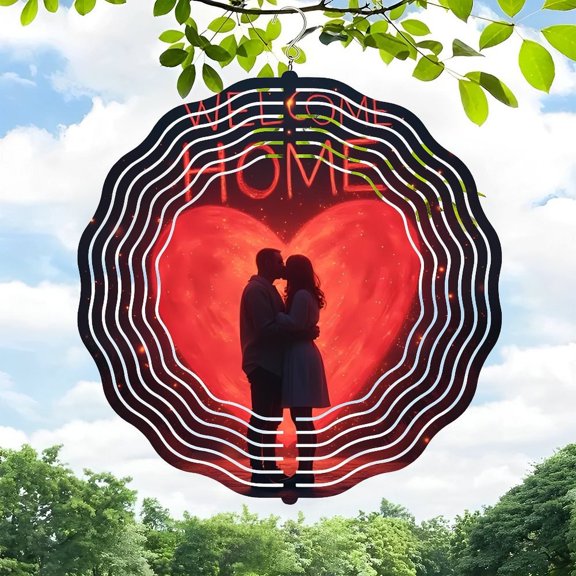 3D Metal Hanging Wind Spinner - Heart Design with Concentric Lines Romantic Garden Decor for Tranquil Outdoor Spaces