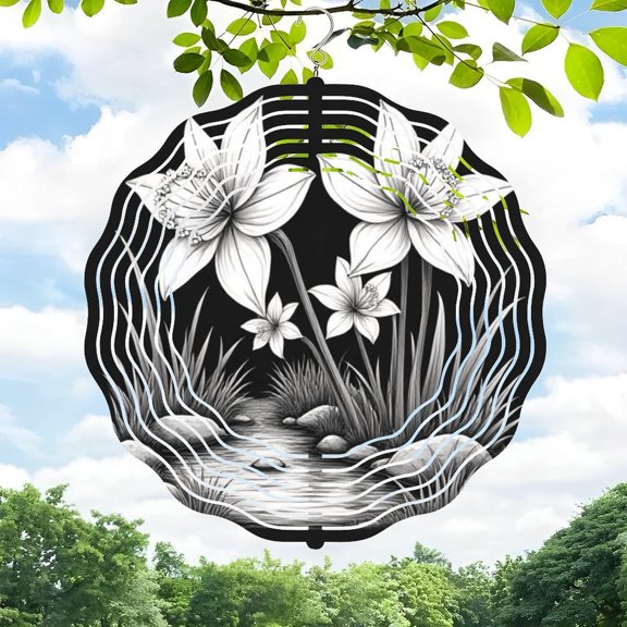 3D Metal Hanging Wind Spinner - Intricate Floral Design with Stream & Landscape - Perfect for Yard & Garden Decor - Unique Black & White Art