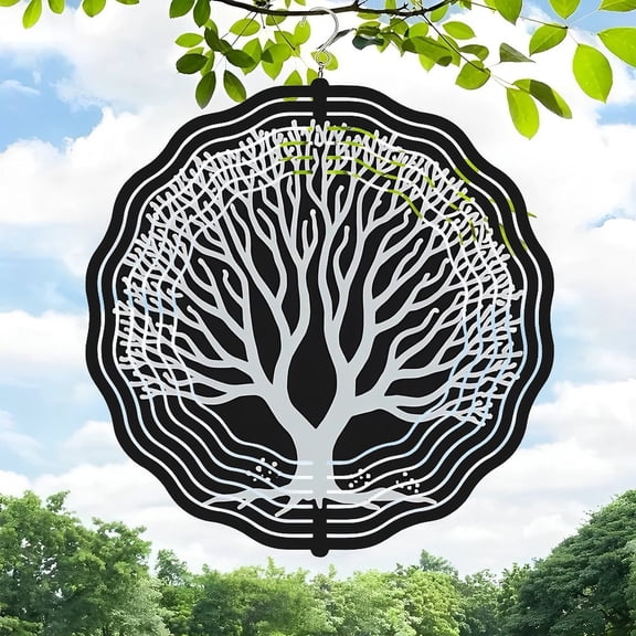 3D Metal Hanging Wind Spinner - Intricate Tree Design with Floating Effect Black & White Circular Pattern for Yard & Garden Decor