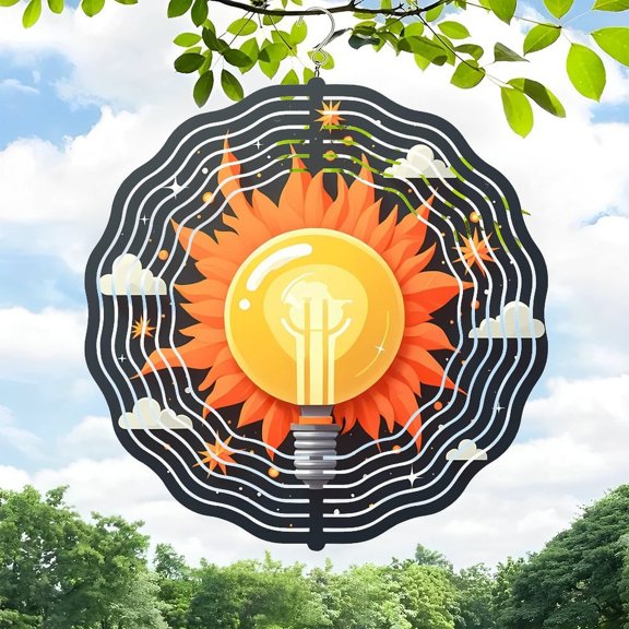 3D Metal Hanging Wind Spinner - Light Bulb Design with Sun Clouds & Leaves for Yard and Garden Decor