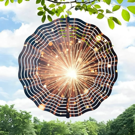 3D Metal Hanging Wind Spinner - Radiant Circular Spider Web Design with Bright Light for Yard & Garden Decor - Stunning Outdoor Art with Greenery Contrast