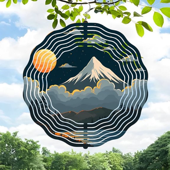 3D Metal Hanging Wind Spinner - Scenic Mountain & Forest Design with Concentric Rings Starry Sky & Orange Moon - Perfect for Yard & Garden Decor