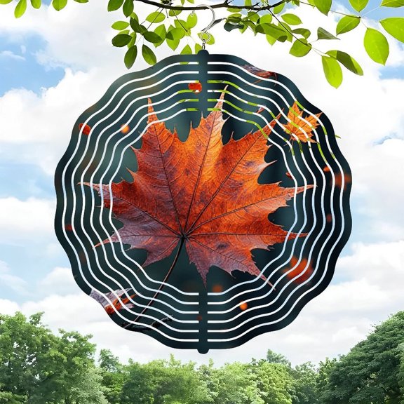 3D Metal Hanging Wind Spinner - Spider Web Design with Vibrant Orange Maple Leaf & Falling Leaves - Perfect for Yard & Garden Decor