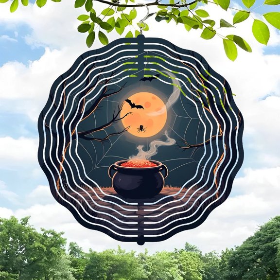 3D Metal Hanging Wind Spinner - Spiral Web Design with Bubbling Potion Pot Halloween Theme Decor for Yard & Garden