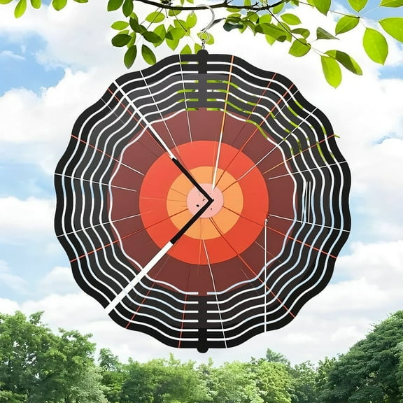 3D Metal Hanging Wind Spinner - Stunning Spider Web Design with Concentric Circles in Red Orange & Brown - Perfect for Yard & Garden Decor