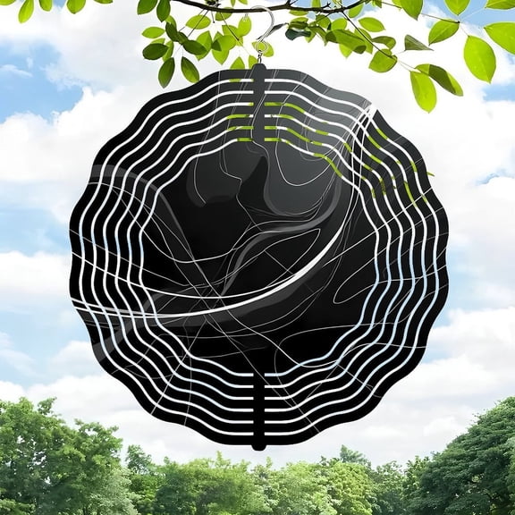 3D Metal Hanging Wind Spinner - Stylish Black Spider Web Design with Wavy White Lines - Perfect for Yard and Garden Decor - Tranquil Outdoor Art for Nature Lovers