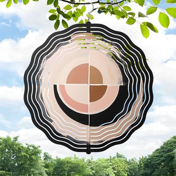 3D Metal Hanging Wind Spinner - Sun Design with Concentric Circles in Beige Brown & Black - Perfect for Yard & Garden Decor