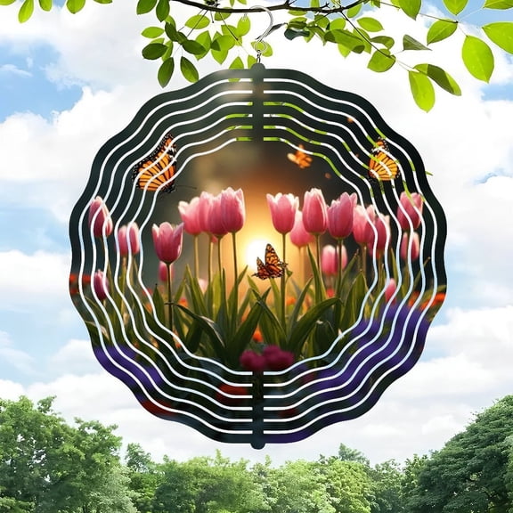 3D Metal Hanging Wind Spinner - Vibrant Pink Tulips & Butterflies Design for Yard & Garden Decor - Serene Nature-Inspired Art with Concentric Rings