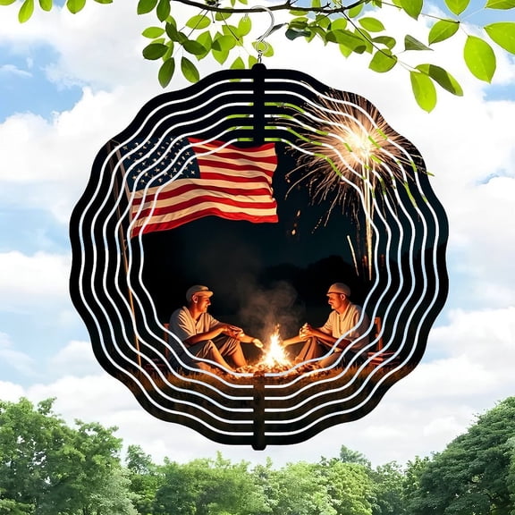 3D Metal Hanging Wind Spinner - Wave Pattern Design for Yard & Garden Decor - Beautiful Campfire Scene with Fireworks & American Flag - Perfect Outdoor Art