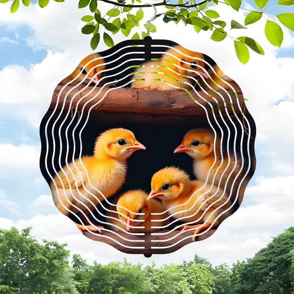 3D Metal Hanging Wind Spinner - Wave Pattern Design with Circular Birdhouse & Yellow Chicks - Perfect for Yard & Garden Decor