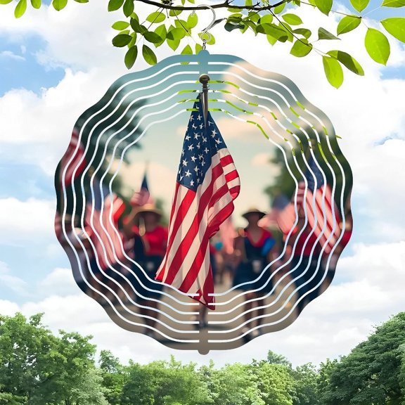 3D Metal Hanging Wind Spinner for Yard & Garden - American Flag Design with Concentric Circles Perfect for Outdoor Decor Vibrant Colors & Eye-Catching Movement