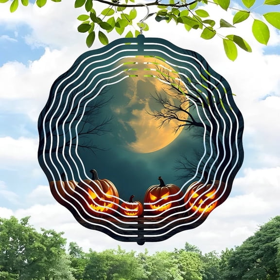 3D Metal Hanging Wind Spinner with Concentric Wavy Lines & Full Moon Scene - Halloween Pumpkin Design for Yard & Garden Decor
