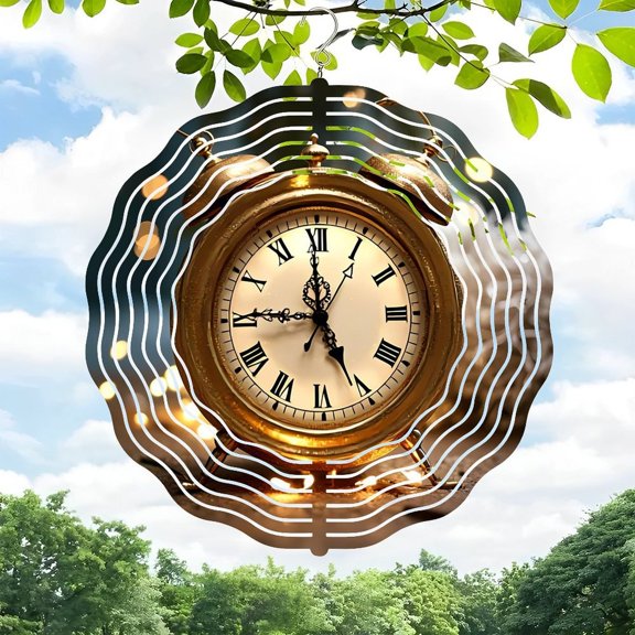 3D Metal Hanging Wind Spinner with Vintage Clock Design Roman Numerals Ripple Pattern - Perfect for Yard and Garden Decor