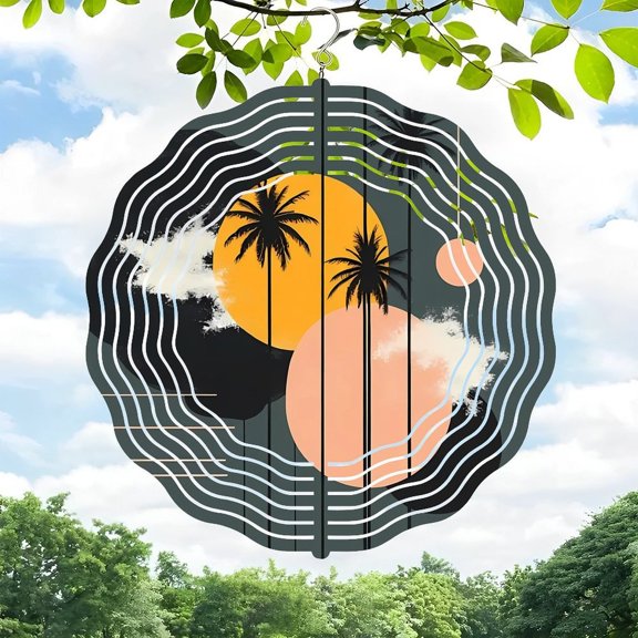 3D Metal Hanging Wind Spinners - Abstract Circular Design with Wavy Black Border Palm Trees & Yellow Sun - Unique Yard & Garden Wind Chimes Decor