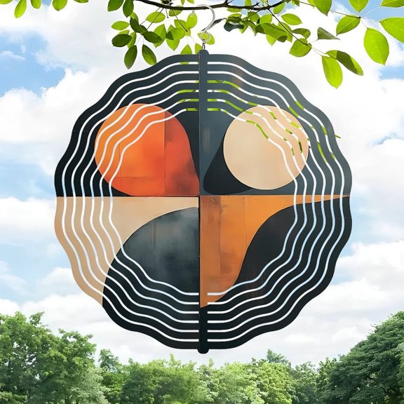 3D Metal Hanging Wind Spinners - Abstract Concentric Circle Design with Wavy Black Lines & Geometric Shapes - Modern Yard & Garden Wind Chimes