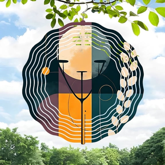 3D Metal Hanging Wind Spinners - Abstract Geometric Design with Stylized Face Full Moon & Leaves - Unique Yard & Garden Decor