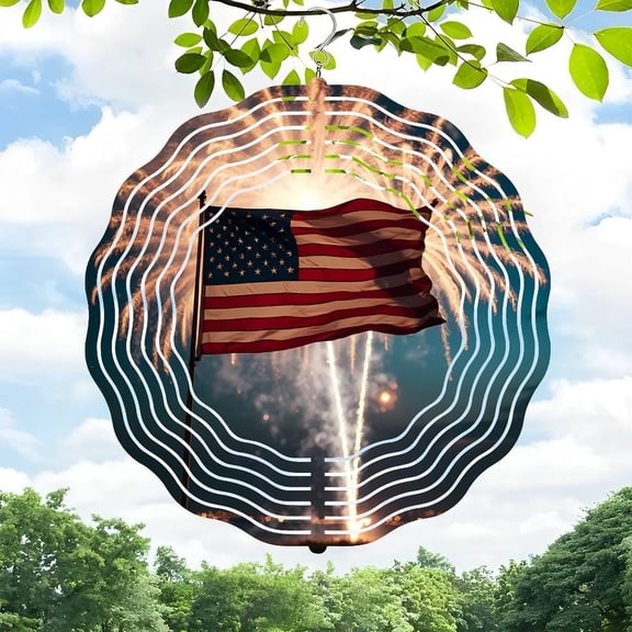 3D Metal Hanging Wind Spinners - American Flag Design with Concentric Circle Pattern for Yard & Garden Decor Festive Fireworks Background