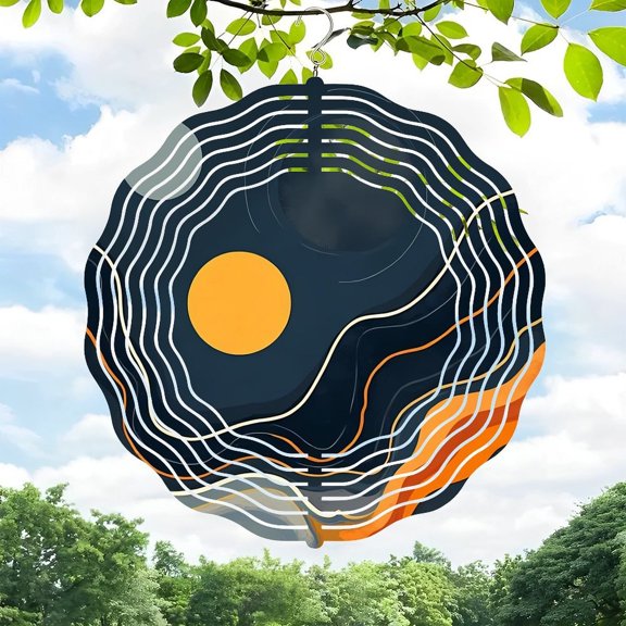 3D Metal Hanging Wind Spinners - Artistic Circular Design with Concentric Wave Patterns Sun-Inspired Center Perfect for Yard & Garden Decor