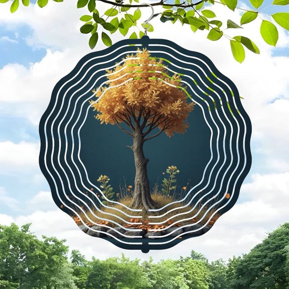 3D Metal Hanging Wind Spinners - Artistic Golden Leaf Design with Concentric Waves for Yard & Garden Decor