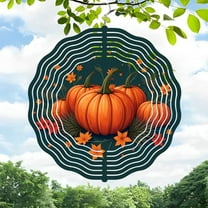3D Metal Hanging Wind Spinners - Autumn Harvest Design with Concentric Lines Pumpkins Flowers & Leaves for Yard and Garden Decor