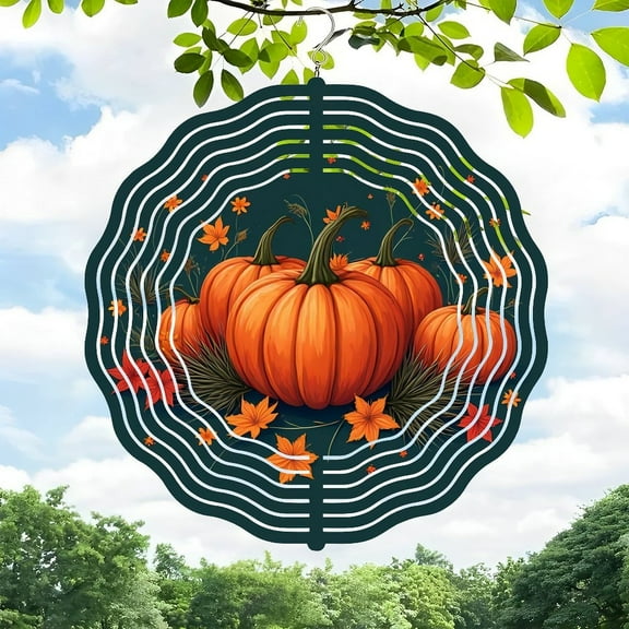3D Metal Hanging Wind Spinners - Autumn Harvest Design with Concentric Lines Pumpkins Flowers & Leaves for Yard and Garden Decor