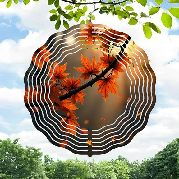 3D Metal Hanging Wind Spinners - Autumn Leaves Design with Concentric Lines for Yard & Garden Decor - Vibrant Orange & Serene Sky Theme