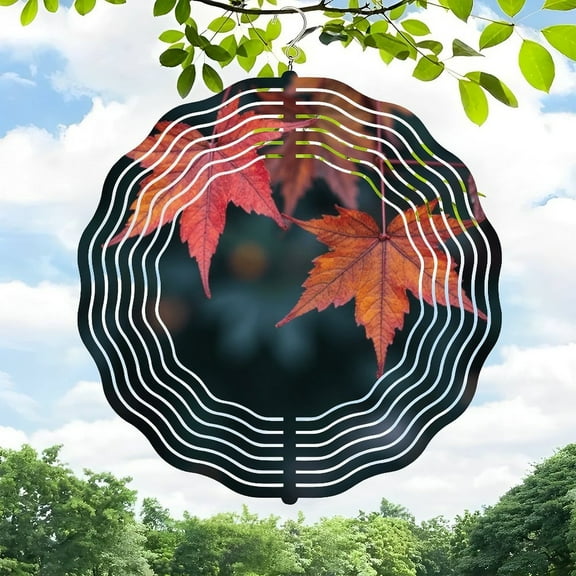 3D Metal Hanging Wind Spinners - Autumn Leaves Design with Concentric Waves - Perfect for Yard & Garden Decor