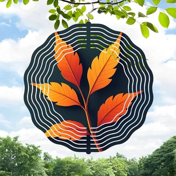 3D Metal Hanging Wind Spinners - Autumn Leaves Design with Concentric Waves Vibrant Colors for Yard & Garden Decor
