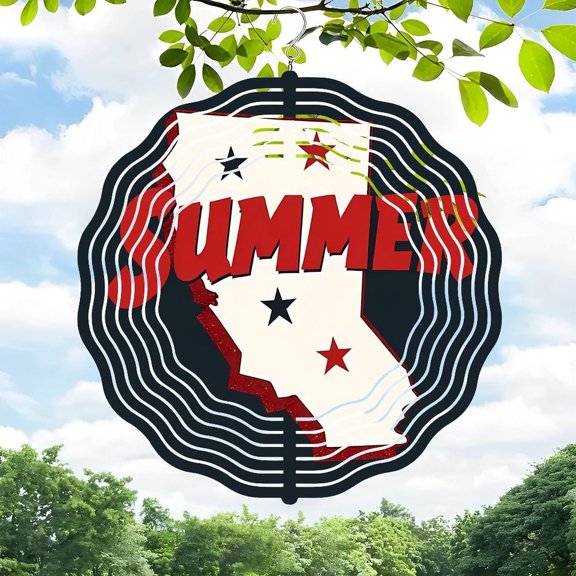 3D Metal Hanging Wind Spinners - California Map Design with Bold ' SUMMER ' Text Perfect for Yard & Garden Decor Vibrant Colors & Unique Circular Pattern