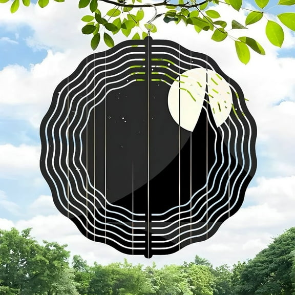 3D Metal Hanging Wind Spinners - Circular Black Design with Concentric White Lines & Leaf Accents - Perfect for Yard & Garden Decor Captivating Sound Waves & Ripple Effect