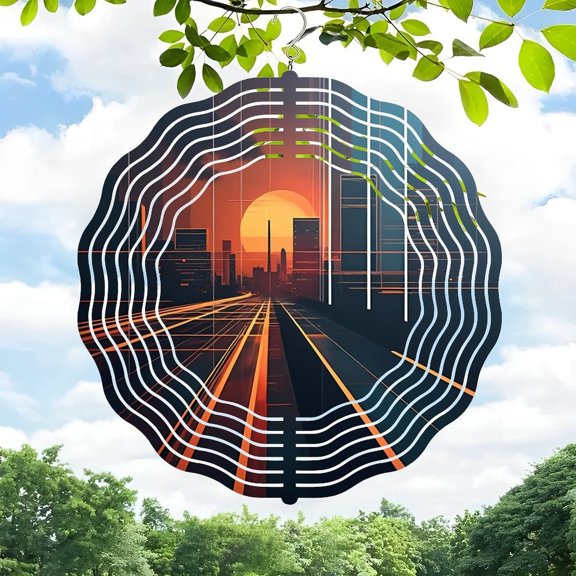 3D Metal Hanging Wind Spinners - Circular Cityscape Design with Wavy Sound Wave Patterns for Yard & Garden Decor - Vibrant Sunset & Greenery