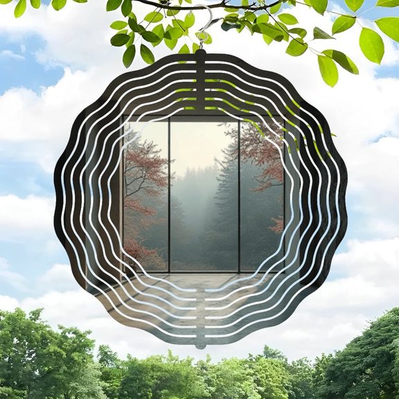 3D Metal Hanging Wind Spinners - Circular Design with Concentric Wave Patterns - Perfect for Yard & Garden Decor - Serene Autumn Forest View