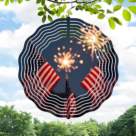 3D Metal Hanging Wind Spinners - Circular Design with Fireworks & American Flags Motion Effect Perfect for Yard & Garden Decor