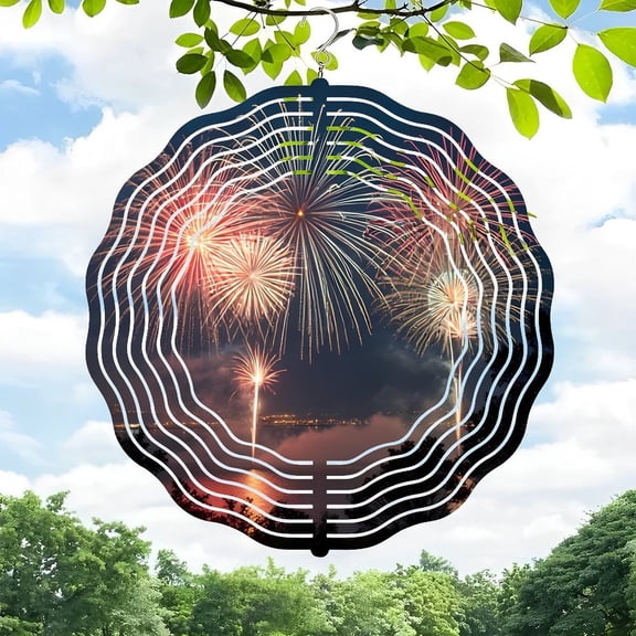 3D Metal Hanging Wind Spinners - Circular Frame with Layered Concentric Circles & Fireworks Design for Yard and Garden Decor