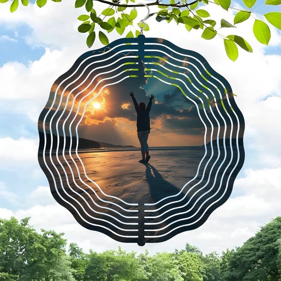 3D Metal Hanging Wind Spinners - Circular Sound Wave Design for Yard & Garden - Serene Sunset Vibes & Joyful Harmony