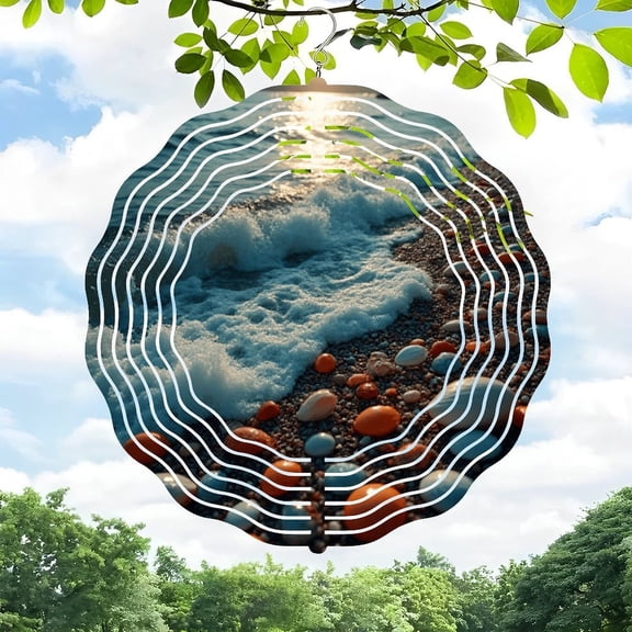 3D Metal Hanging Wind Spinners - Circular Wave Design with Concentric Lines for Yard & Garden Decor Nature Theme Beach & Sky Inspired