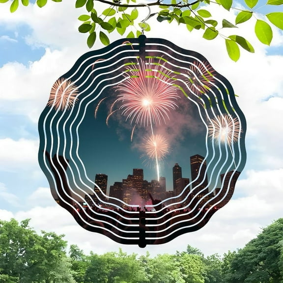 3D Metal Hanging Wind Spinners with City Skyline Silhouette & Fireworks Design - Decorative Wind Chimes for Yard and Garden Nature-Inspired with Wavy Sound Wave Pattern and Leaf Accents