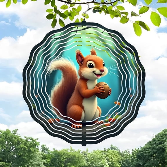 3D Metal Hanging Wind Spinners - Concentric Circle Design for Yard & Garden Decor Cheerful Squirrel with Nut Tranquil Outdoor Art