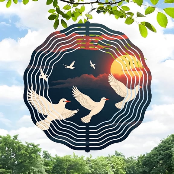 3D Metal Hanging Wind Spinners - Concentric Circle Design with Flying Birds & Sunset Glow for Yard and Garden Decor