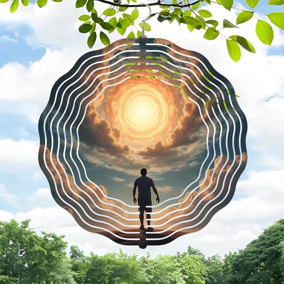 3D Metal Hanging Wind Spinners - Concentric Circular Design with Layered Effect for Yard & Garden Decor Bright Sun & Cloud Motif Perfect for Outdoor Spaces