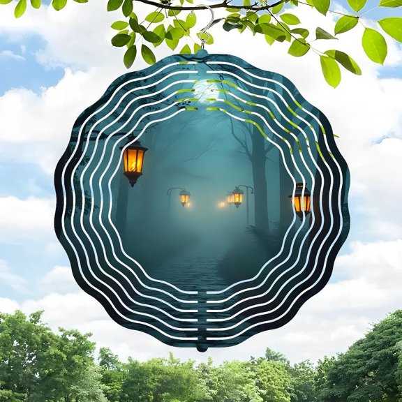 3D Metal Hanging Wind Spinners - Concentric Circular Design with Tunnel Effect Misty Forest Scene Vintage Street Lamps - Perfect for Yard and Garden Decor