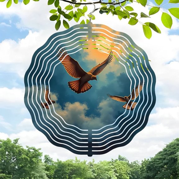 3D Metal Hanging Wind Spinners - Concentric Circular Design with Birds - Stunning Yard & Garden Decor for Movement & Serenity