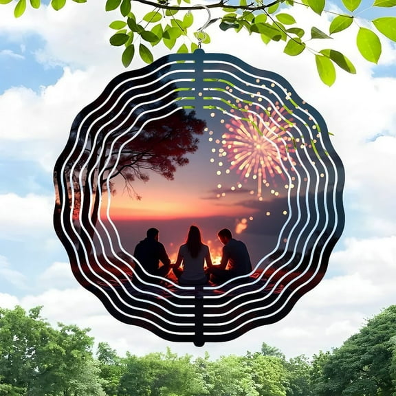3D Metal Hanging Wind Spinners - Concentric Ring Design with Sound Wave Effect for Yard & Garden Decor Vibrant Sunset & Fireworks