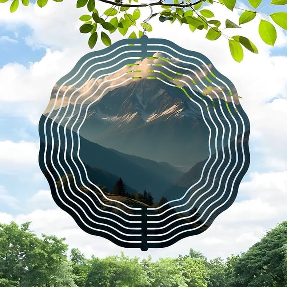 3D Metal Hanging Wind Spinners - Concentric Wave Design with Scenic Mountain & Forest View - Perfect for Yard & Garden Decor